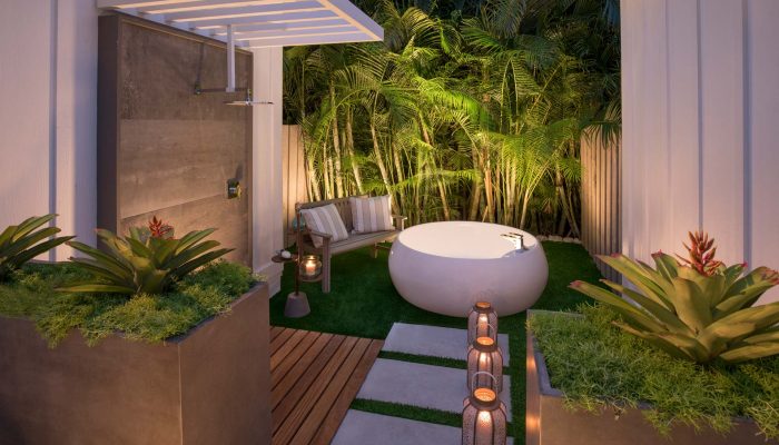 garden deck in the evening at the bungalows