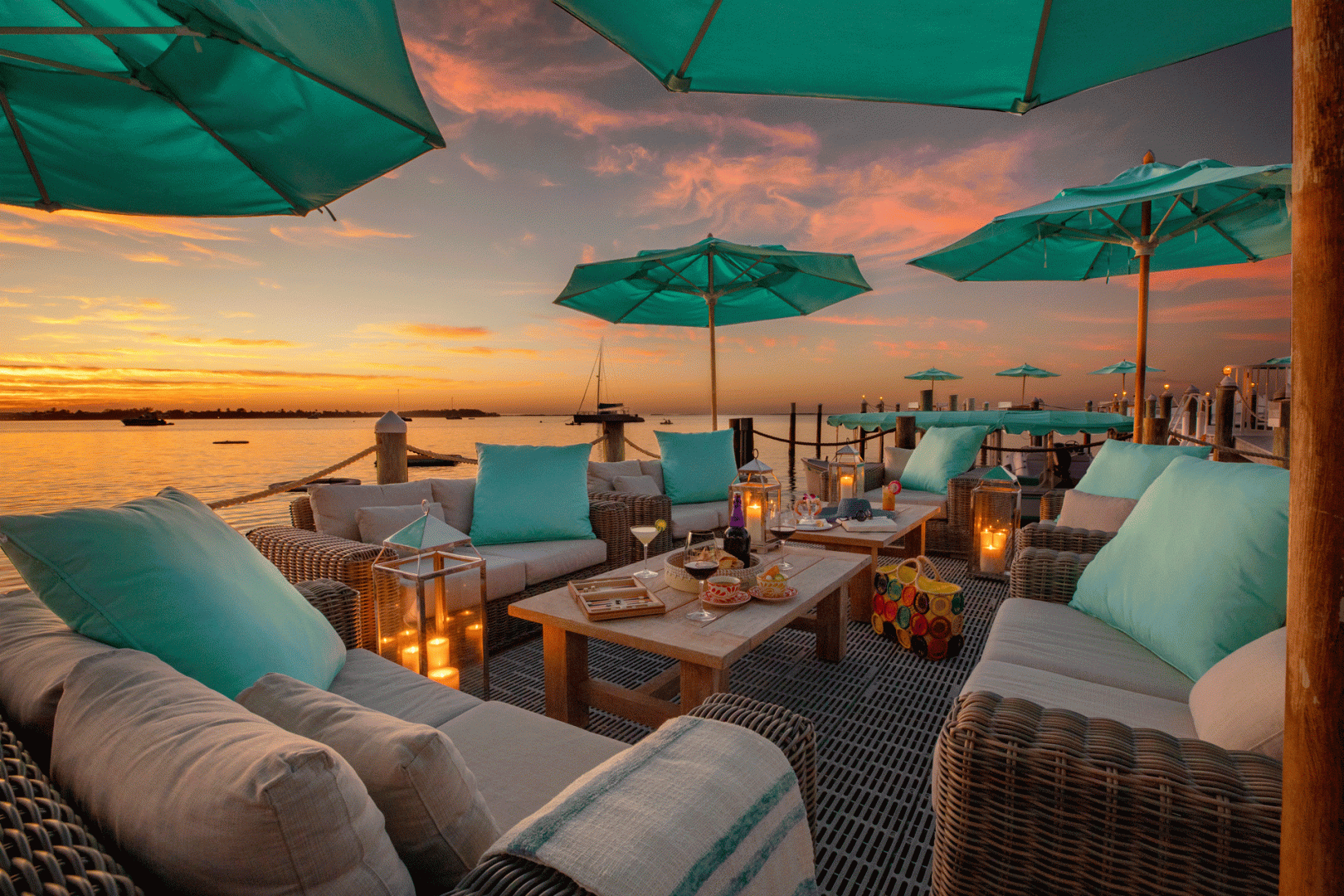 outside dock seating in the evening with the sunset