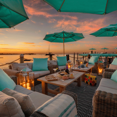 outside dock seating in the evening with the sunset