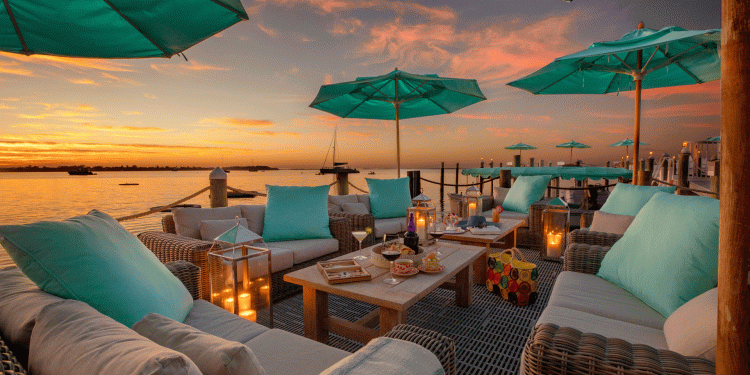 outside dock seating in the evening with the sunset