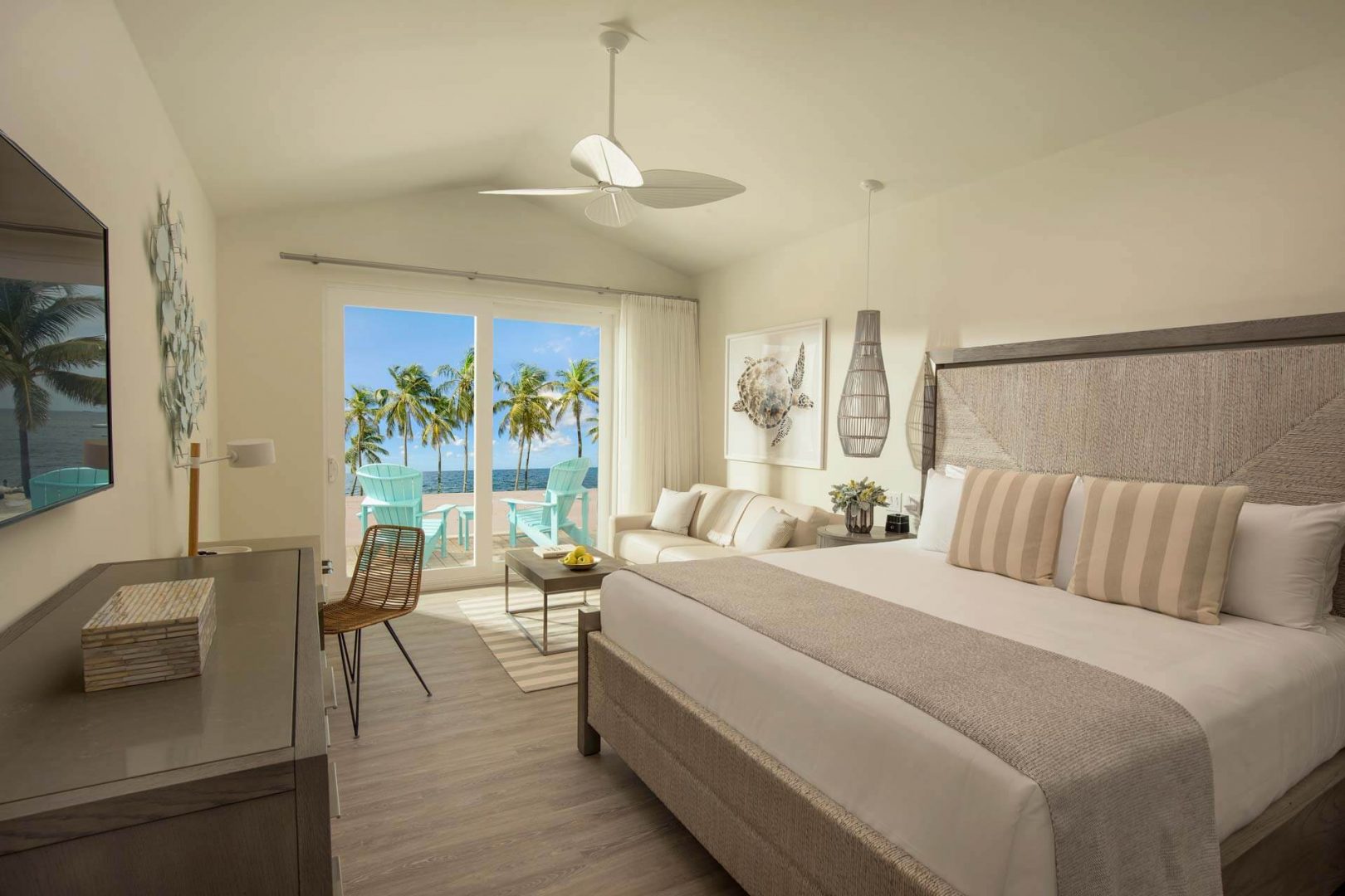 interview view of beach front bungalow with king bed