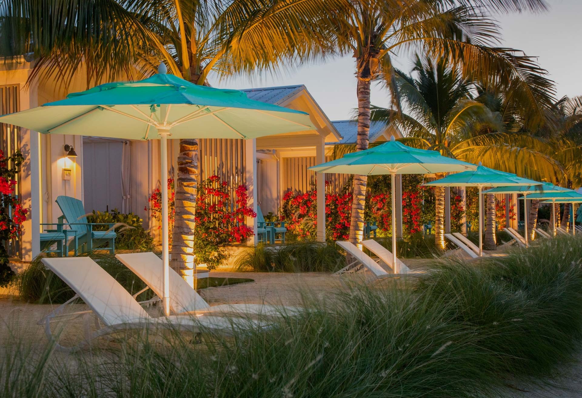 exterior image of bungalows in the evening