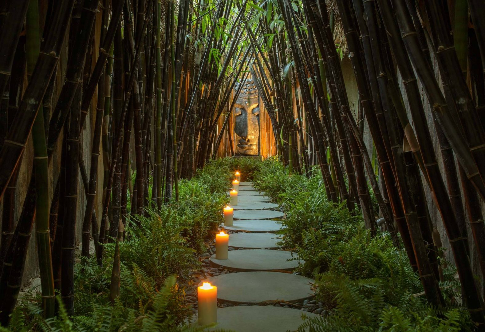 bamboo garden with stepping stone walkway and lit candles