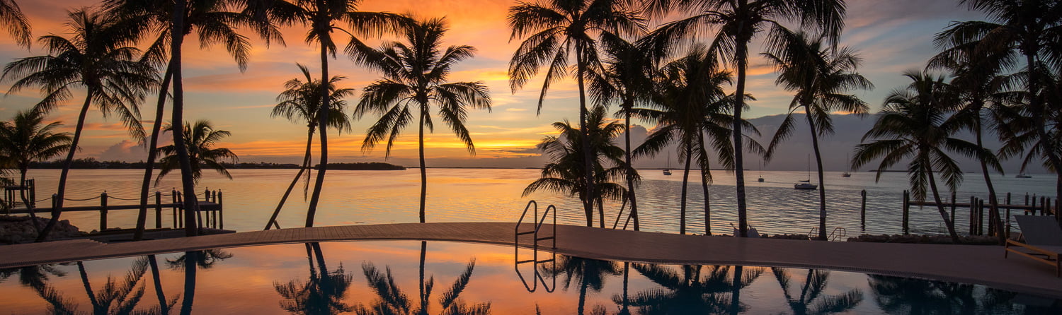 sunset view of pool, palm trees and bay with sailboats