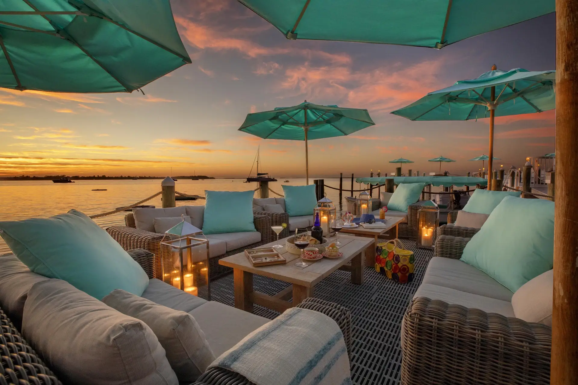 outside dock seating in the evening with the sunset